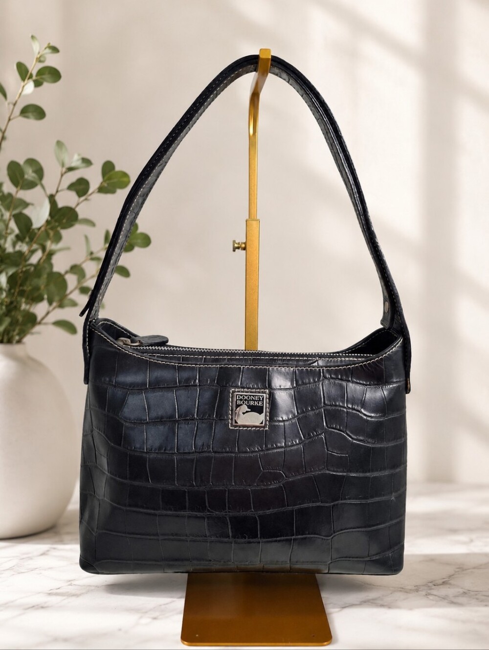 Dooney & Bourke Vintage Black Croc Embossed Leather Hobo Shoulder Bag